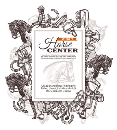 Vector monochrome background for horse riding poster with hand drawn horse and riding equipment. Design with sketch illustration for riding school, lessons, equestrian club or academyのイラスト素材