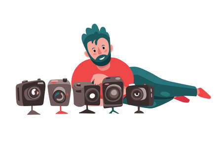Adult photographer with a lot of photo cameras. Flat cute cartoon character, professional reporter or photojournalist at work. Creative profession and occupation. Vector illustrationのイラスト素材