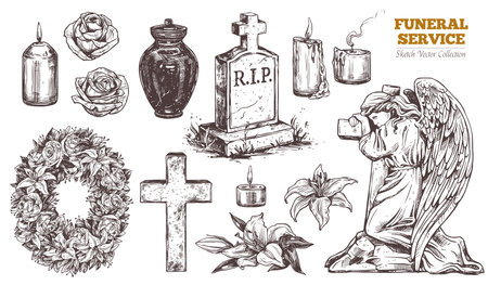 Funeral service vector hand drawn set. Attributes and symbols of condolence, loss, dead, bereavement and cemetry. Sketch of vintage stone angel, tombstone, urn, cross, resurrectionのイラスト素材
