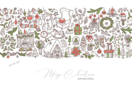 Merry Christmas and Happy New Year background with linear doodle symbols and elemens and icons. Festive holiday vector greeting card or banner with borderのイラスト素材