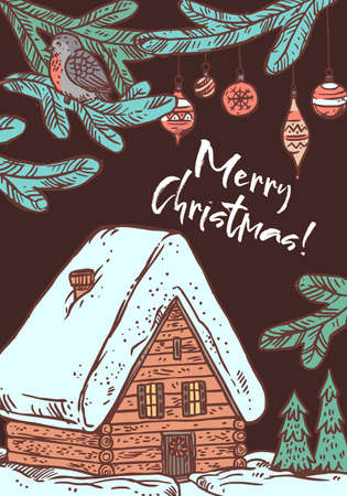Merry Christmas greeting card with congratulation and wooden cottage in the forest with bullfinch on branch with festive decoration. Vector doodle drawing illustration, poster, banner or template for postcardのイラスト素材