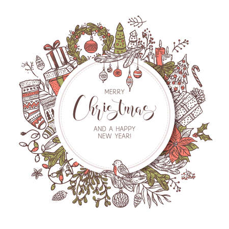 Round Merry Christmas and Happy New Year banner, label or emblem with cute drawing festive elements and decorations. Sketch holiday vector background and illustrationのイラスト素材