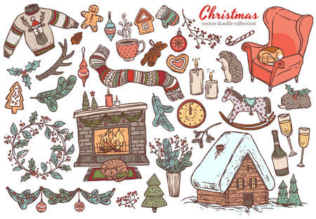 Vector Merry Christmas and Happy New Year linear doodle set with sketch festive elements, icons and symbol. Holiday colliction of illustrations for greeting card designのイラスト素材