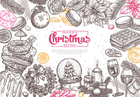 Merry Christmas happy holiday sketch background for dinner menu in restaurant and cafe. Horizontal festive vector illustration with hand drawn and engraving fir, wreath, beverages and dessertsのイラスト素材