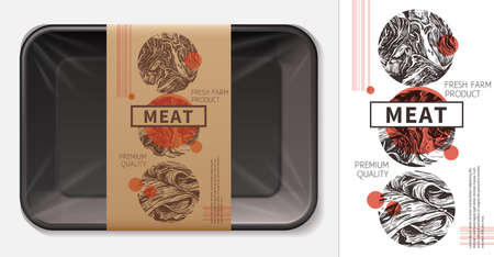 Modern design of meat food label layout. 3d realistic foam tray with craft paper tag mockup. Sketch hand drawn illustration for butcher, pork, ham, beef, fillet, jamon. Farm natural productのイラスト素材