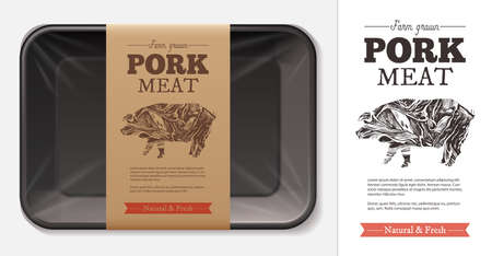 Package design for farm fresh meat food, pork, ham, fillet with typography and sketch hand drawn pig silhouette on craft paper label or tag. Plastic foam butcher container realistic vector mockupのイラスト素材