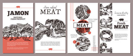Trendy modern design for meat farm natural products - cards, posters, labels or tags. Templates with jamon, ham, pork. Layouts with hand drawn sketch illustrationsのイラスト素材