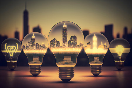 Cityscape with Multiple Lightbulbs Lit Upの素材