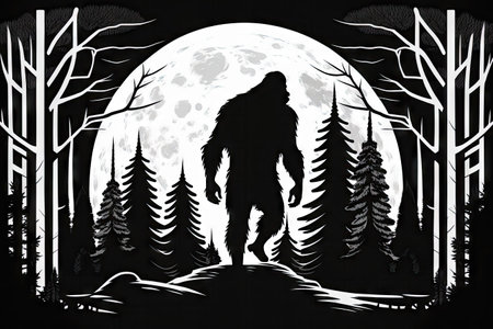 Bigfoot in Forest with Moon on Sky Background - Generative AIの素材