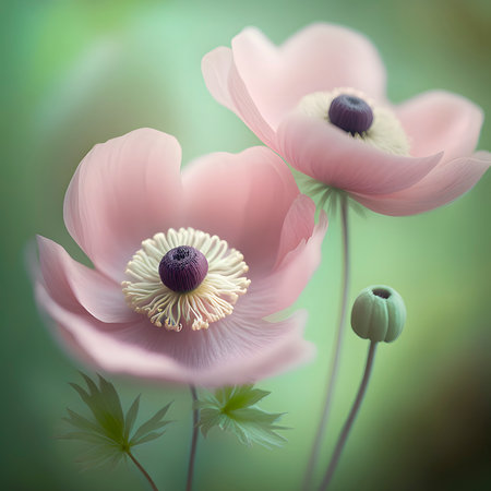 Beautiful Pink Flower on Soft Green Background - Generative AIの素材