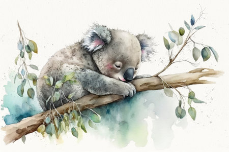Sleepy Koala Clinging to Eucalyptus Branch in Watercolor Style - Generative AIの素材