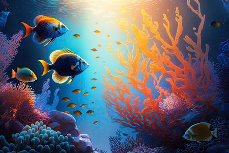 Colorful Tropical Fish and Coral Scene Underwater - Generative AIの素材