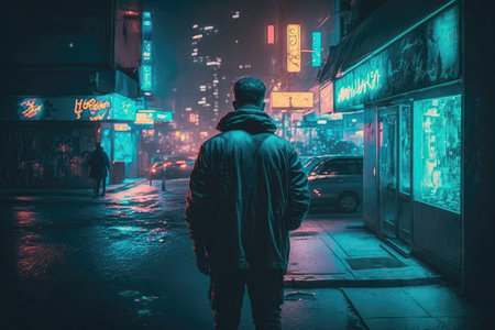 Desperate Lonely Man in Neon City - Generative AIの素材