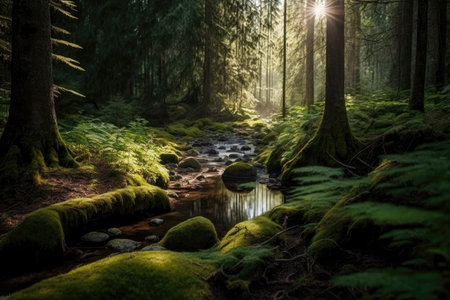 Serene Forest with Swaying Trees and Sun Rays - Generative AIの素材