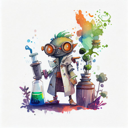 Chatbot Scientist with Lab Coat and Test Tubes Watercolor Illustration - Generative AIの素材