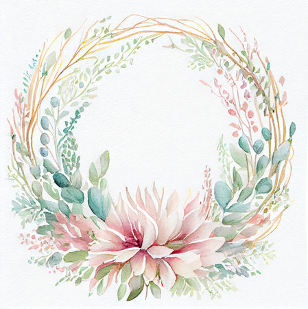 Delicate Floral Wreath in Watercolors for Wedding Suite - Generative AIの素材