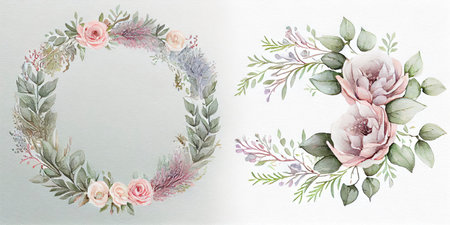Delicate Floral Wreath in Watercolors for Wedding Suite - Generative AIの素材