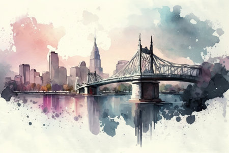 Cityscape with River and Bridge in Watercolors - Generative AIの素材