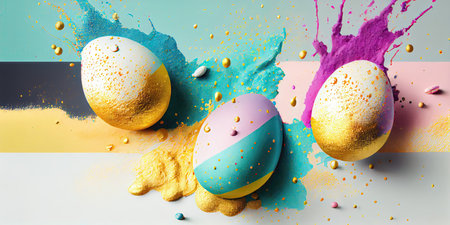 Colorful Easter Eggs with Gold Paint Splashes - Generative AIの素材