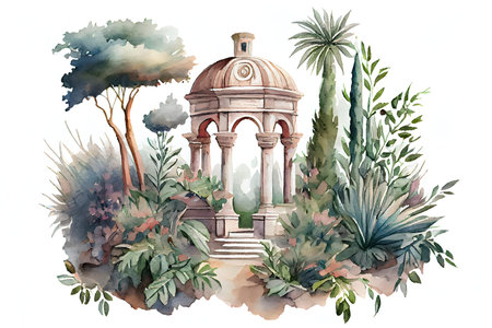 Gorgeous Beautiful Roman Garden on White Background - Generative AIの素材
