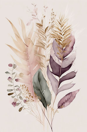 Minimal Watercolor Painting with Beige, Sage, and Gold Tones of Eucalyptus Leaves and Pampas Grass - Generative AIの素材