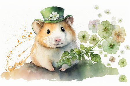 Happy St. Patrick's Day Hamster with Leprechaun Hat and Flowers in Watercolors - Generative AIの素材