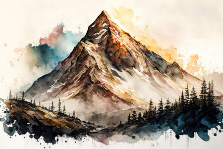 Majestic Mountain Watercolor Painting in Natural Colors - Generative AIの素材