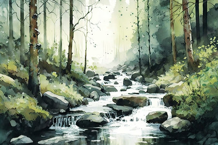 Peaceful Forest Stream in Watercolors with Gentle Hues - Generative AIの素材