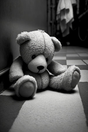 Sad Lonely Teddy Bear Lying on the Floor. Symbol of Victim - Generative AIの素材
