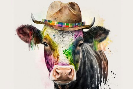 Watercolor painting of St. Patrick's Cute Cow with Hat - Generative AIの素材