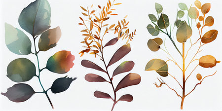 Three Watercolor Plants and Leaves on a White Background with Golden Branches - Generative AIの素材