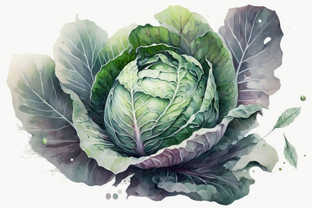 Watercolor Illustration of a Cabbage on a Isolated Background - Generative AIの素材