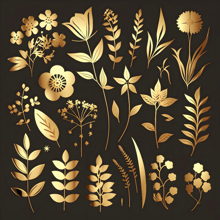 Golden Floral Glyphs for Invitations and Scrapbooking. Generative AIの素材