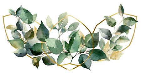 Golden Geometric Frame with Green Watercolor Eucalyptus Leaves for Wedding Invitations. Generative AIの素材