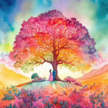 Whimsical Garden Wedding with Vibrant Rainbow Colors and Pink Watercolor. Perfect for Invitations and Scrapbooking. Generative AIの素材