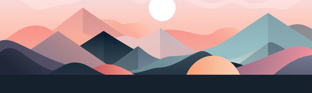 Pastel Geometric Mountains and Beach Sunset Wallpaper. Perfect for Invitations and Posters. Generative AIの素材