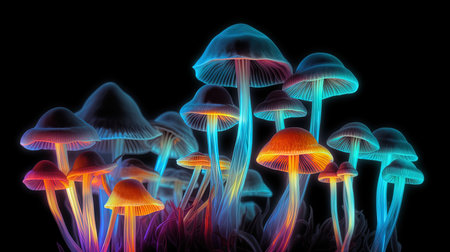 Glowing Colorful Mushrooms on Black Background for Invitations and Posters. Generative AIの素材
