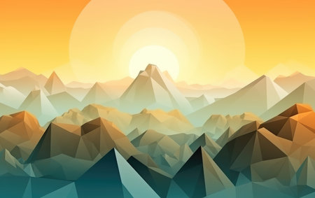 Pastel Geometric Polygonal Mountains with Sun Wallpaper. Perfect for Web and Landing Pages. Generative AIの素材