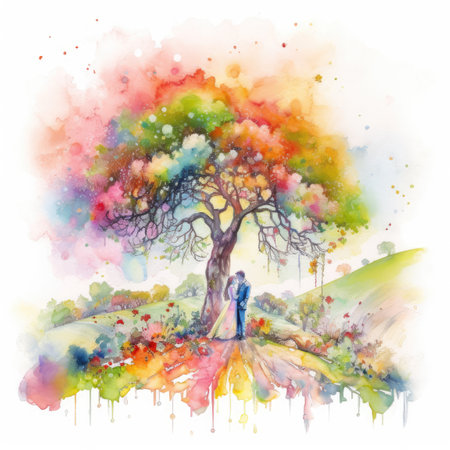 Whimsical Garden Wedding with Vibrant Rainbow Colors and Pink Watercolor. Perfect for Invitations and Scrapbooking. Generative AIの素材