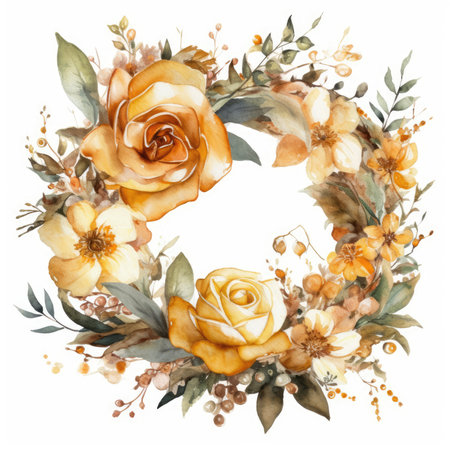 Golden Rose Wreath on White Watercolor Background for Wedding Invitations. Generative AIの素材
