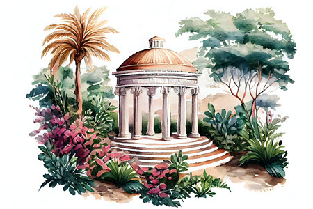 Beautiful Greek Garden on White Background for Invitations and Posters. Generative AIの素材