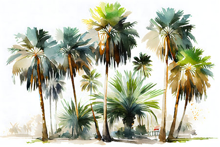Tropical Paradise: Beautiful Palm Trees on White Background for Posters and Web. Generative AIの素材