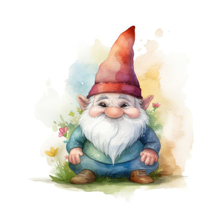 Whimsical Gnome Illustration on Pastel Watercolor Background for Invitations and Scrapbooking. Generative AIの素材