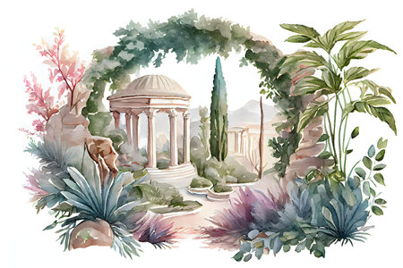 Beautiful Greek Garden on White Background for Invitations and Posters. Generative AIの素材