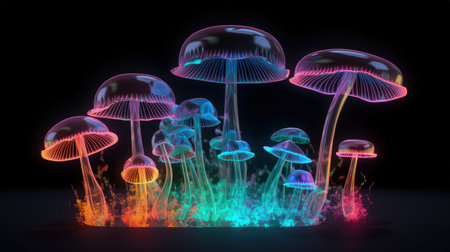 Glowing Colorful Mushrooms on Black Background for Invitations and Posters. Generative AIの素材