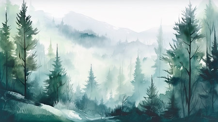Misty Winter Wonderland Landscape Watercolor Background. Perfect for Invitations and Posters. Generative AIの素材