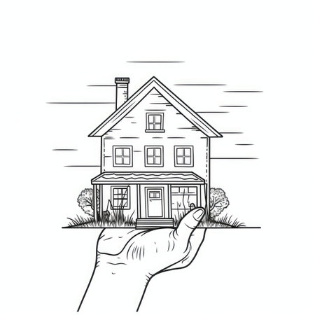 Continuous Line Art Style Illustration of Hand Holding House. Perfect for Real Estate Marketing. Generative AIの素材