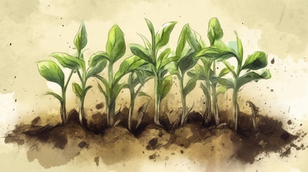 Fresh Green Sprouts Growing in Watercolor Style. Perfect for Invitations and Posters. Generative AIの素材
