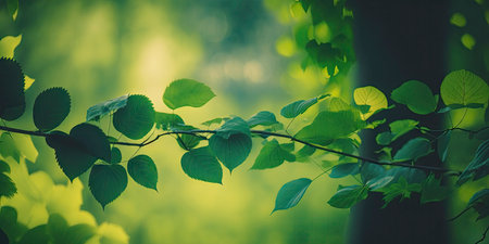 Lush Green Forest with Blurred Background and Vibrant Green Leaves in Foreground for Nature-Themed Designs. Generative AIの素材