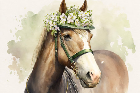 Happy St. Patrick's Day Horse with Horseshoe, Hat, and Flowers Watercolor Art. Perfect for Greeting Cards and Invitations. Generative AIの素材